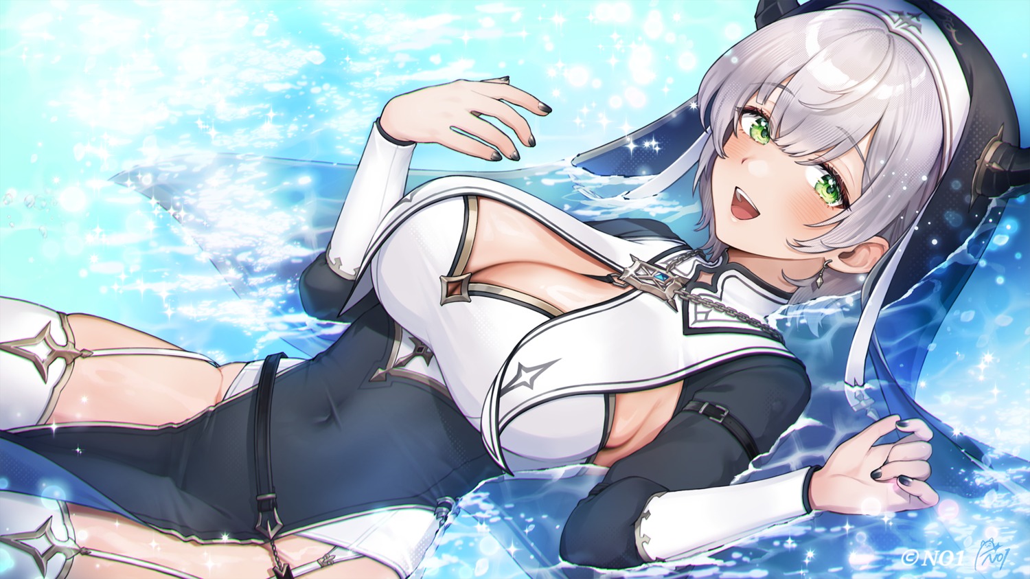 hololive horns noixen nun shirogane_noel stockings thighhighs wet