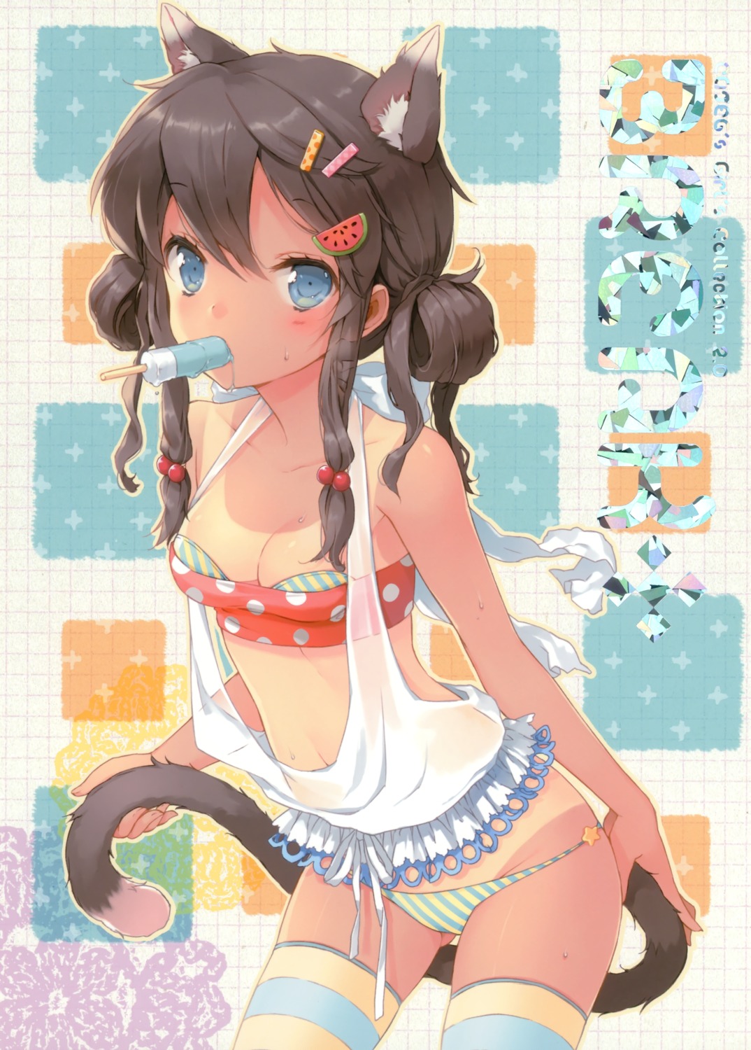 animal_ears bikini cleavage cuteg nekomimi strawberry_pink swimsuits tail tan_lines thighhighs