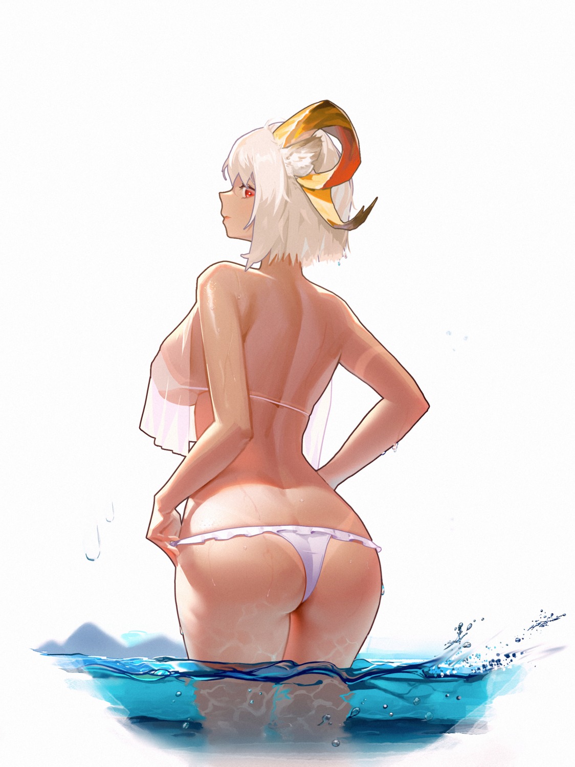 arknights ass bikini carnelian_(arknights) horns panty_pull see_through swimsuits tagme thong undressing wet