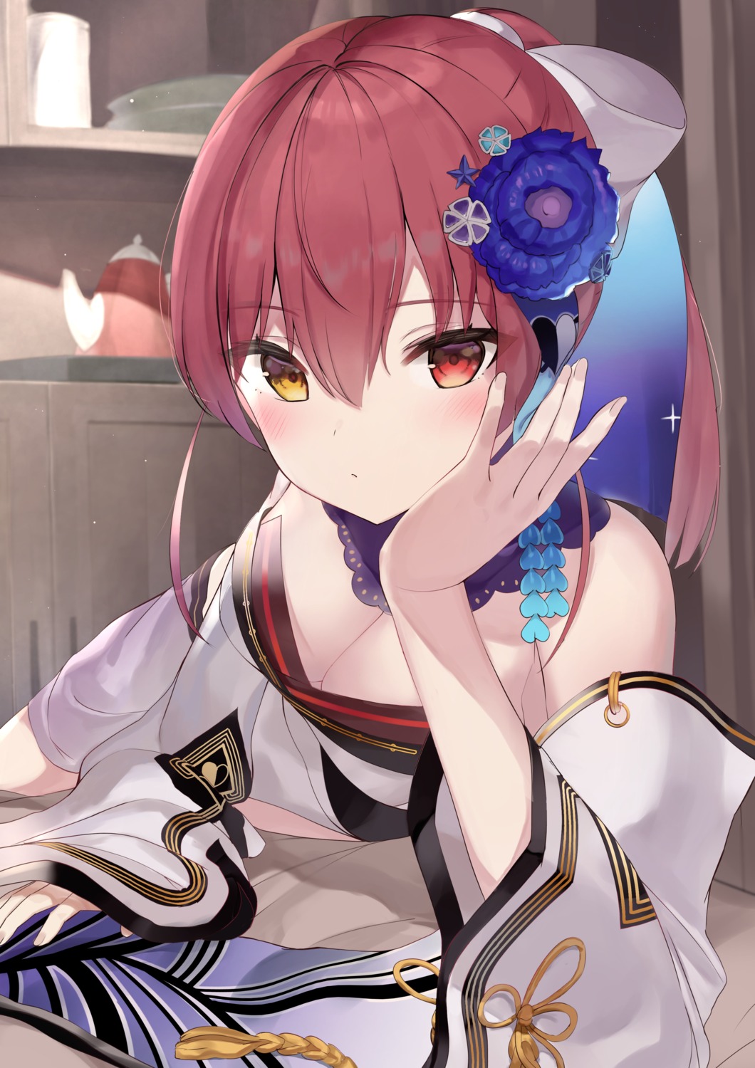 heterochromia hololive houshou_marine japanese_clothes no_bra zukan_(db_tyoutyo)