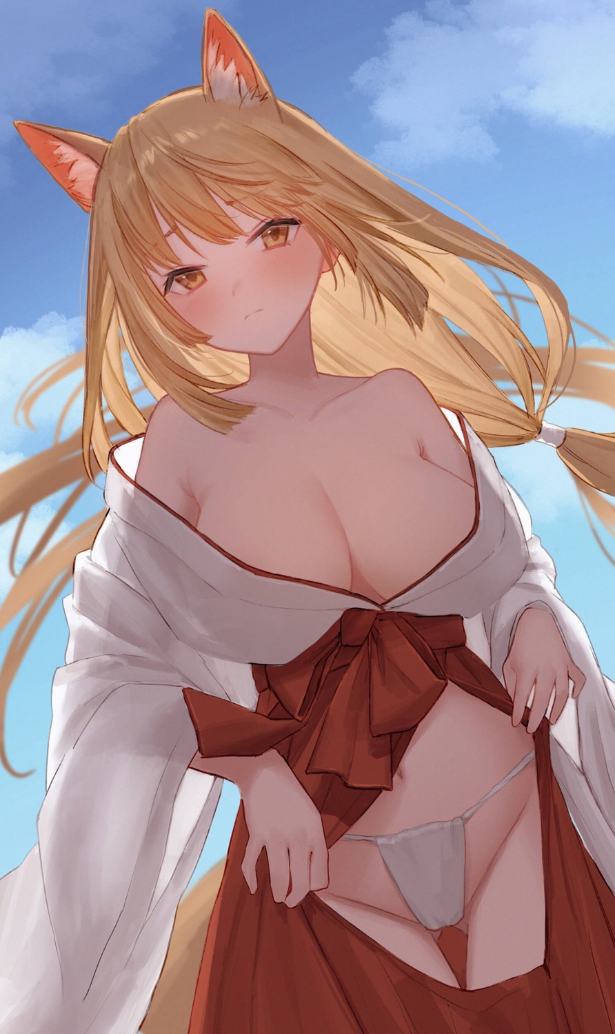 animal_ears fundoshi jfjf kitsune miko no_bra open_shirt see_through tail