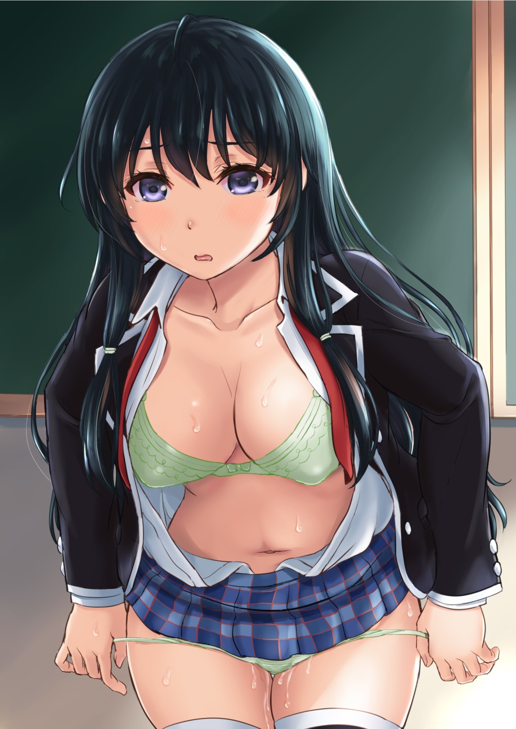 bra cleavage erect_nipples inanaki_shiki open_shirt pantsu panty_pull pussy_juice seifuku thighhighs undressing