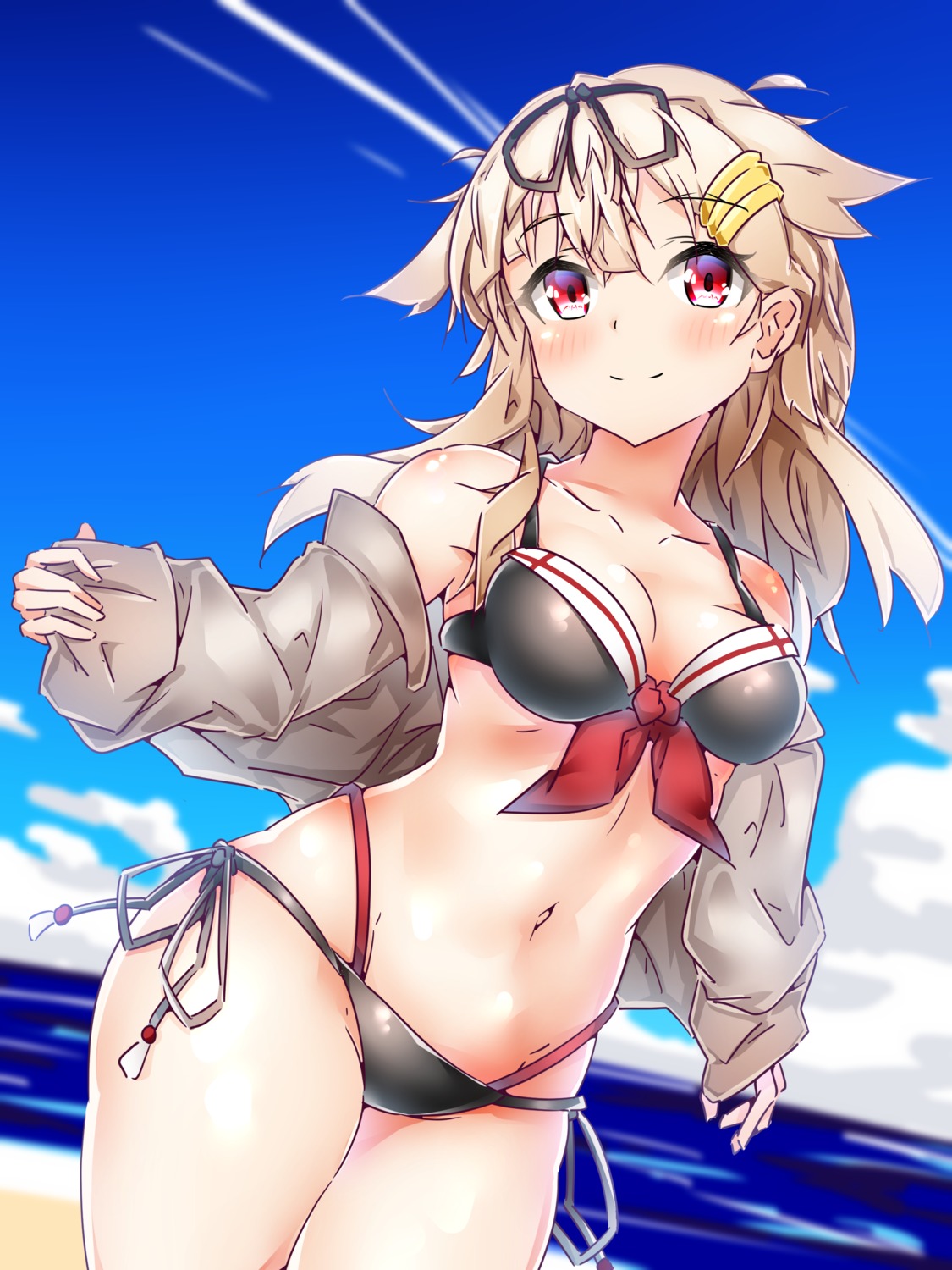 bikini cleavage harukawa kantai_collection open_shirt swimsuits yuudachi_(kancolle)