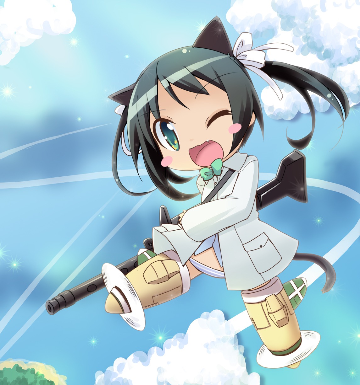 animal_ears chibi francesca_lucchini hirose_madoka nekomimi pantsu shimapan strike_witches tail