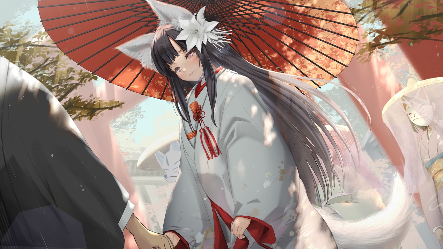 animal_ears japanese_clothes kitsune murasame_hachiman tail umbrella