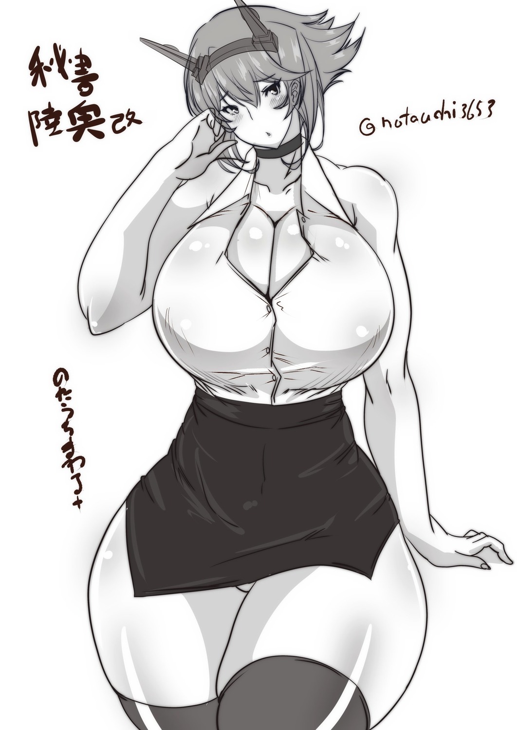 cleavage kantai_collection monochrome mutsu_(kancolle) notauchi_mawaru_ni-shiki pantsu sketch skirt_lift thighhighs