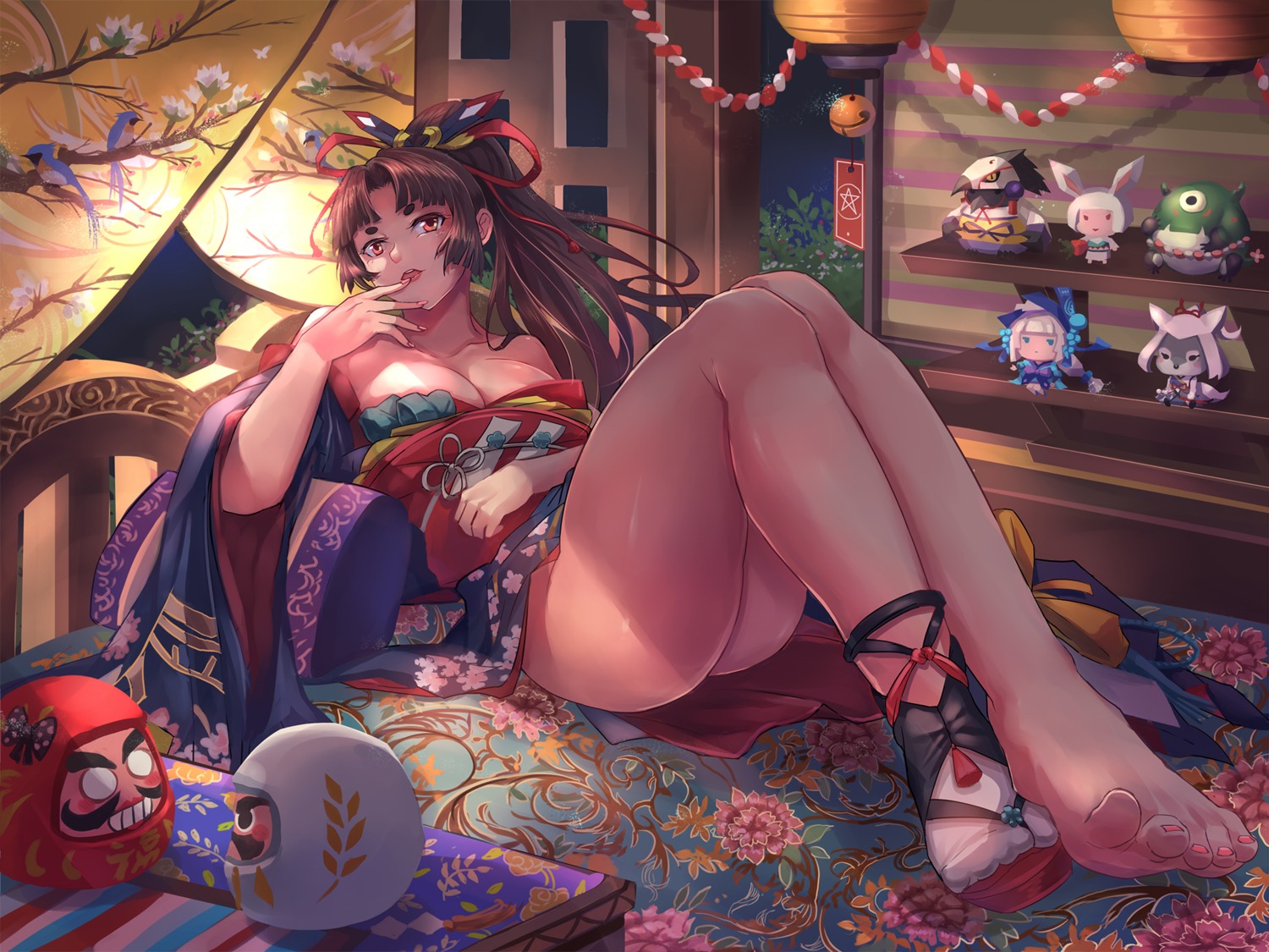 cleavage feet japanese_clothes nopan onmyouji open_shirt yoto_hime_(onmyouji) yougen_kitsune