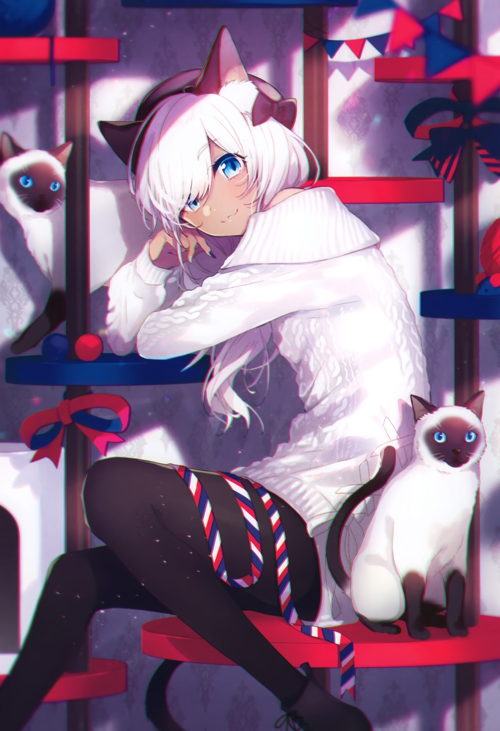 animal_ears chroma_(saine) dress neko nekomimi pantyhose saine sweater tail