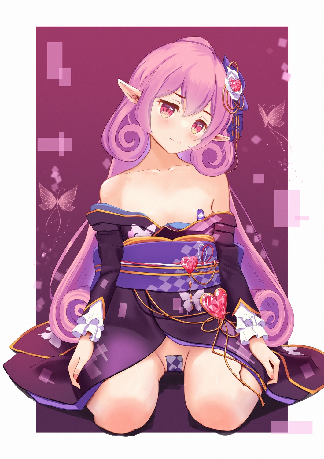 bandaid kimono maebari meoko no_bra nopan open_shirt pasties pointy_ears princess_connect princess_connect!_re:dive skirt_lift utsushimi_neneka