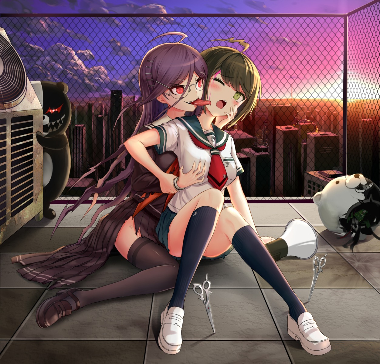 blood breast_grab dangan-ronpa drogoth fukawa_touko megane naegi_komaru seifuku thighhighs torn_clothes yuri zettai_zetsubou_shoujo