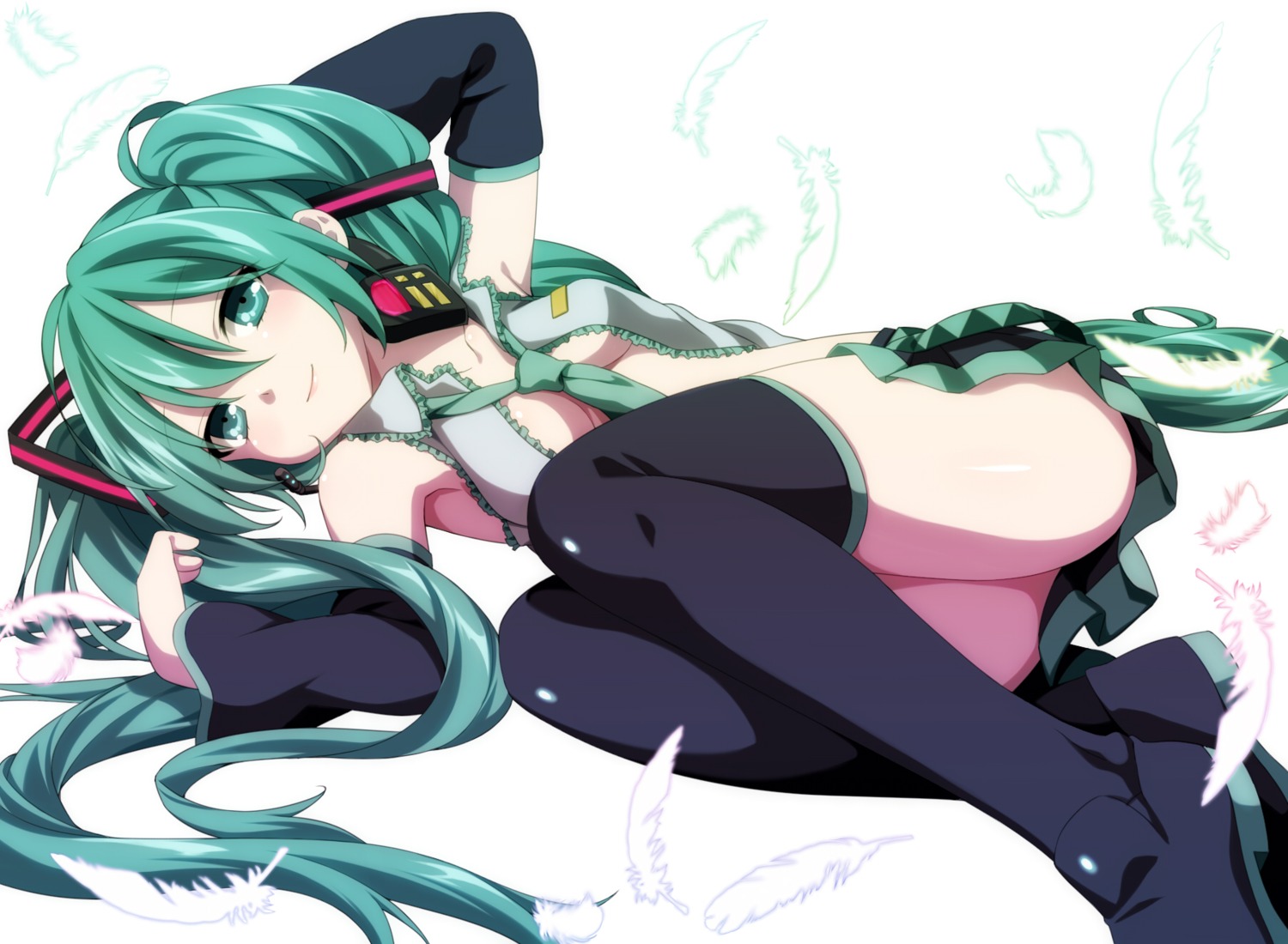 cleavage etou hatsune_miku no_bra nopan open_shirt thighhighs vocaloid