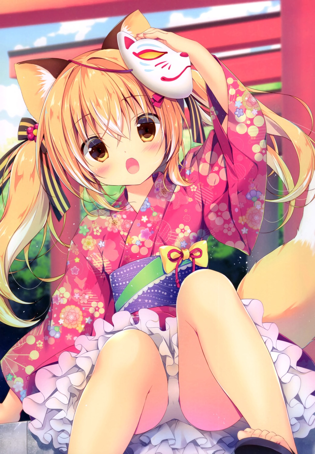 animal_ears canvas+garden hiyori_(canvas+garden) kitsune miyasaka_miyu pantsu skirt_lift tail yukata