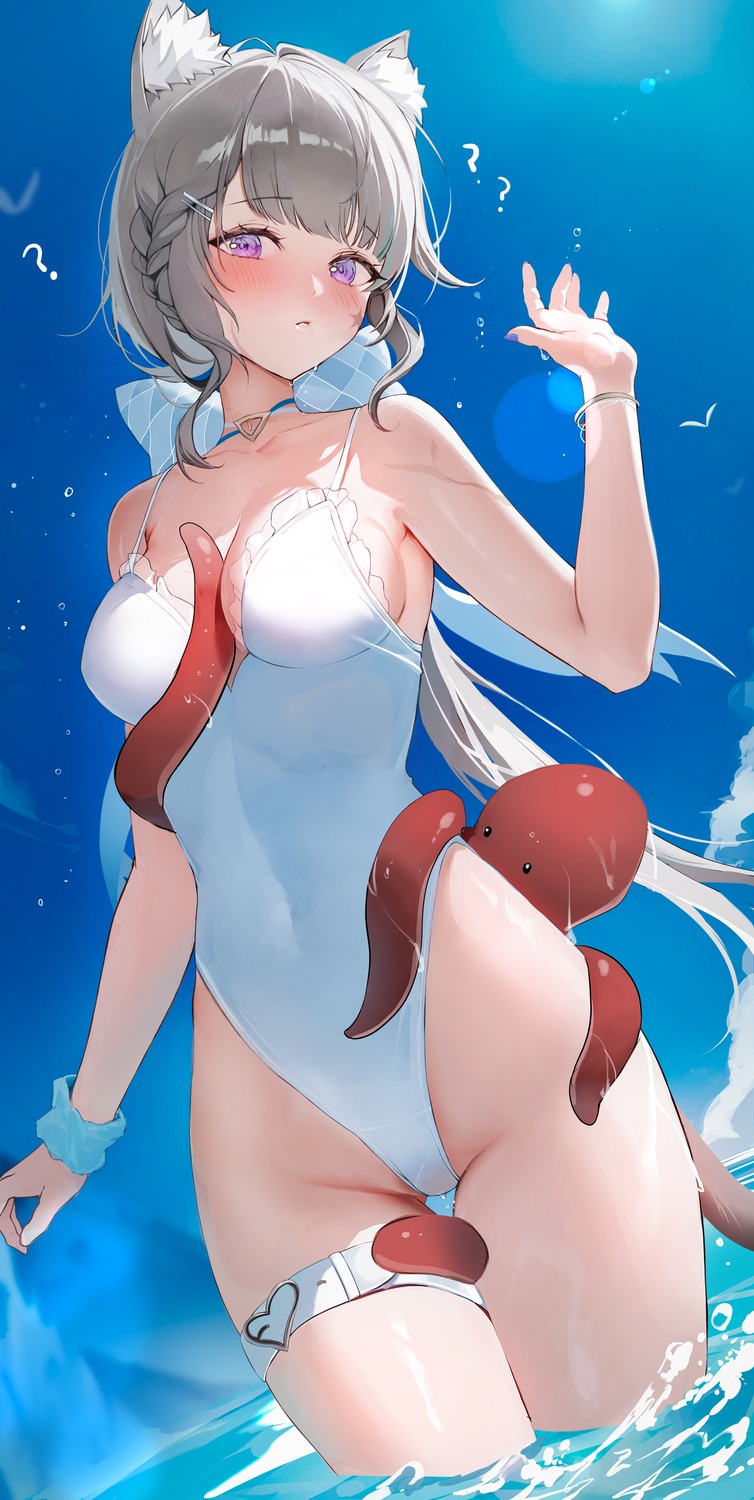 2sham animal_ears garter genshin_impact lynette_(genshin_impact) nekomimi swimsuits tail tattoo tentacles wet