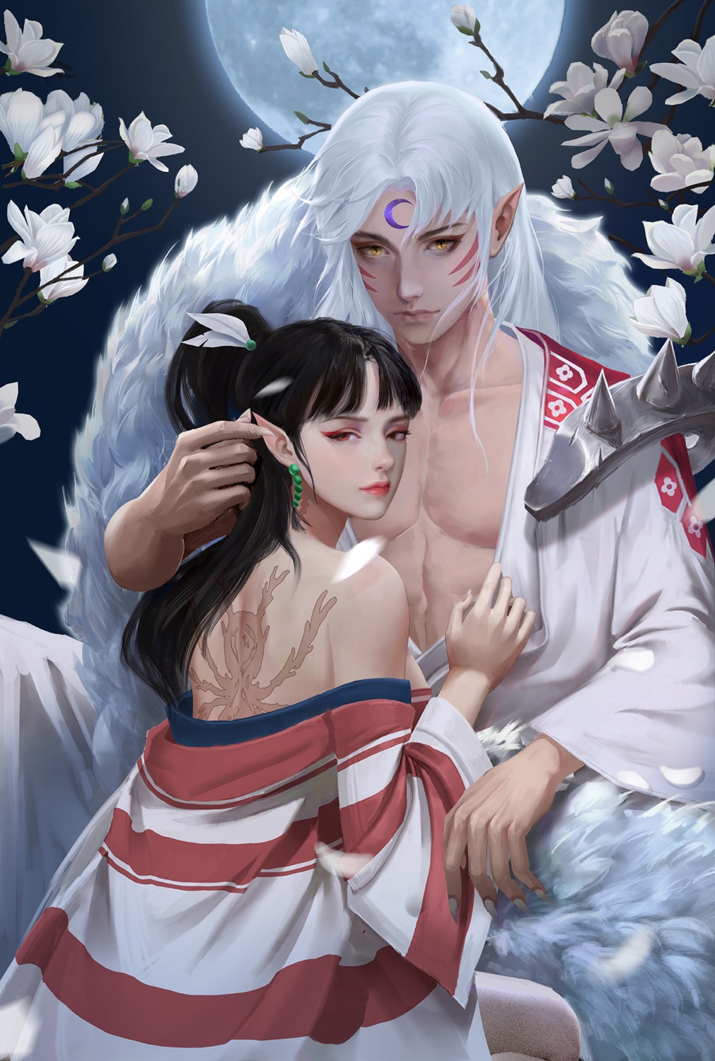 blessing inuyasha japanese_clothes kagura_(inuyasha) no_bra open_shirt pointy_ears sesshoumaru tattoo