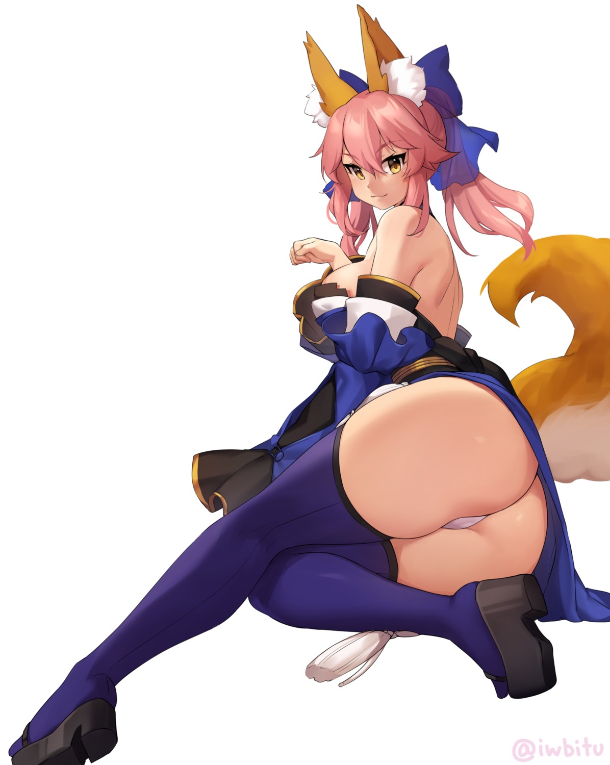 animal_ears ass cameltoe fate/grand_order iwbitu-sa japanese_clothes kitsune no_bra pantsu skirt_lift tail tamamo_no_mae thighhighs thong