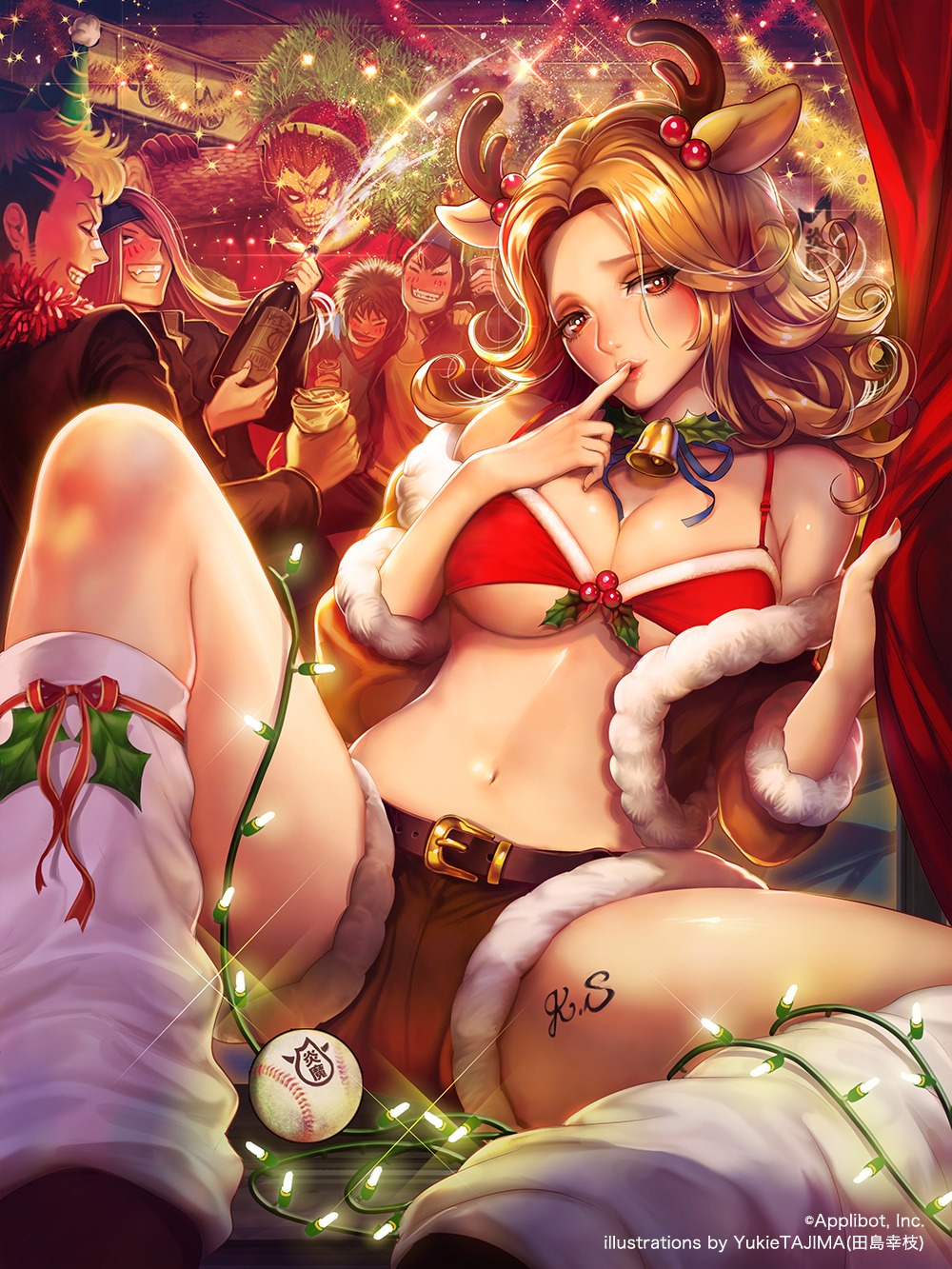 animal_ears baseball bikini_top christmas cleavage horns swimsuits tajima_yukie tattoo underboob