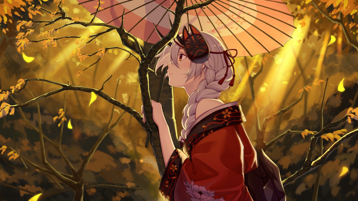 baseness fate/grand_order horns japanese_clothes tomoe_gozen_(fate/grand_order) umbrella wallpaper