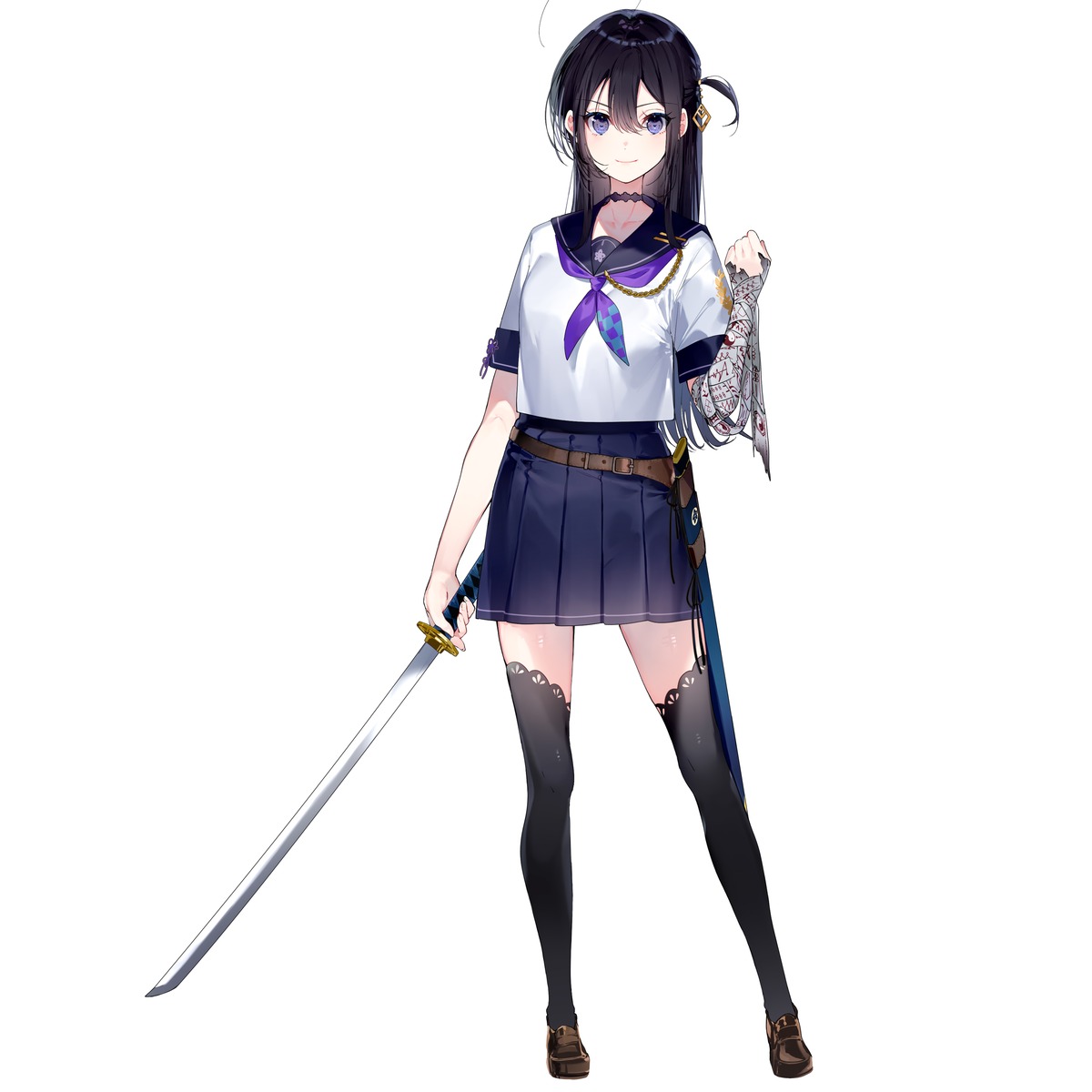 bandages miwano_ragu samurai_maiden seifuku sword thighhighs