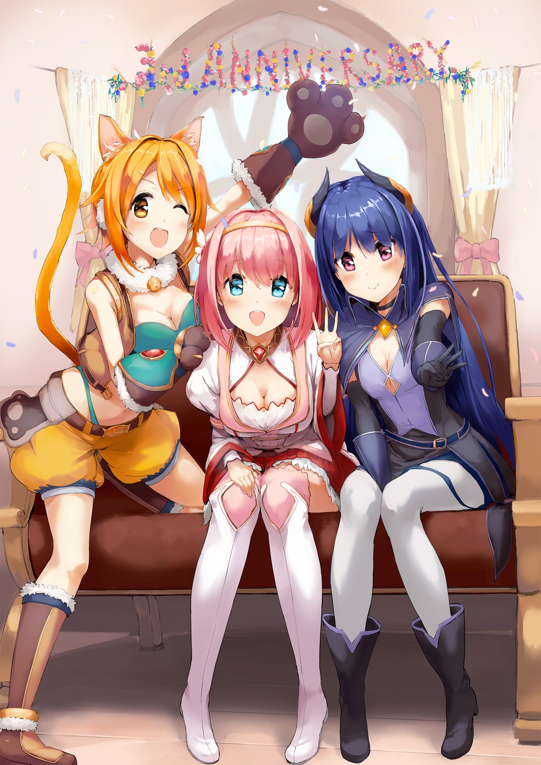 animal_ears asariri_kai cleavage harusaki_hiyori horns kusano_yui nekomimi no_bra pantyhose princess_connect princess_connect!_re:dive shijou_rei tail thighhighs