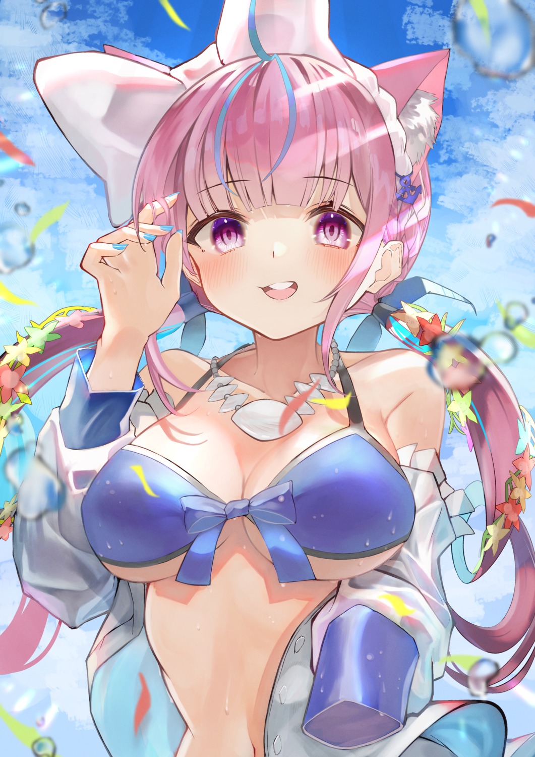 animal_ears bikini_top hololive kaoswald minato_aqua nekomimi open_shirt swimsuits wet