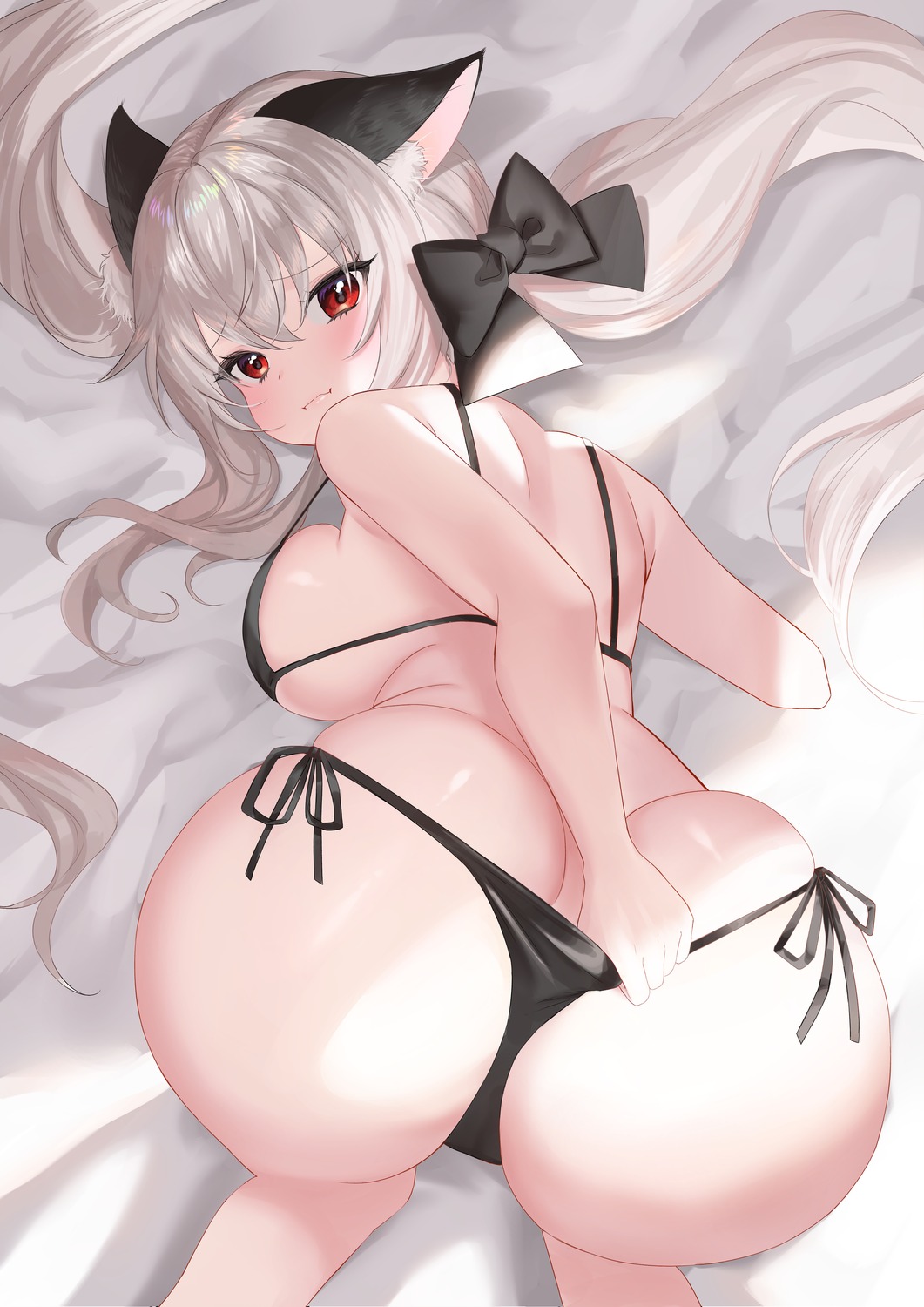 animal_ears ass bikini ming_(user_arcn7324) nekomimi panty_pull swimsuits thong undressing