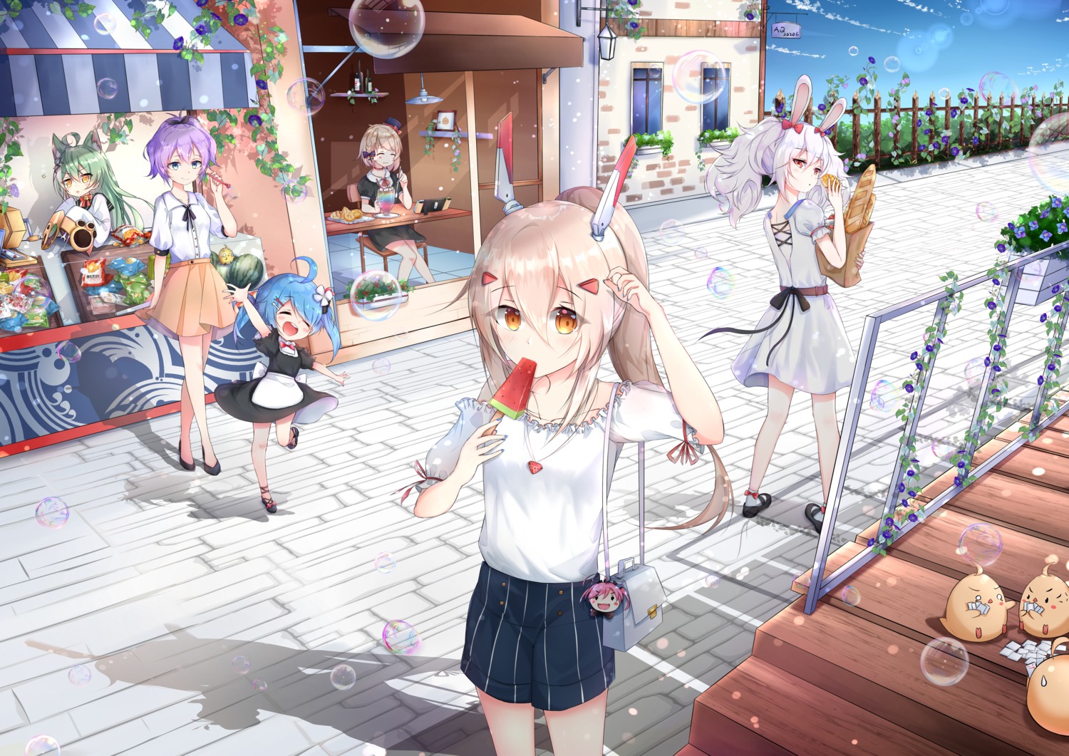 ai_qing akashi_(azur_lane) animal_ears ayanami_(azur_lane) azur_lane bunny_ears dress helena_(azur_lane) horns javelin_(azur_lane) laffey_(azur_lane) little_helena_(azur_lane) manjuu_(azur_lane) nekomimi skirt_lift summer_dress z23_(azur_lane)