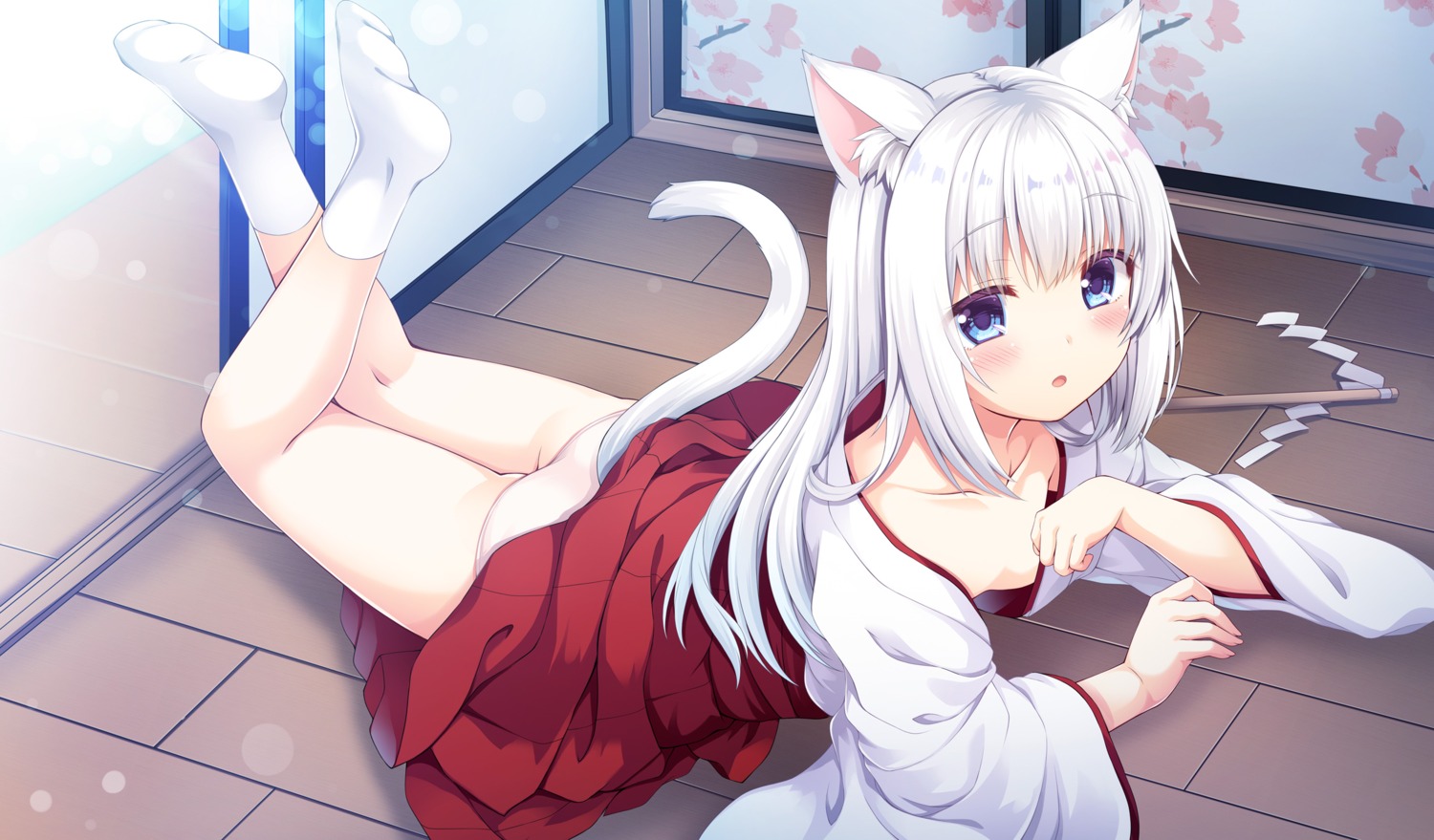 animal_ears loli miko nekomimi no_bra open_shirt pantsu sakuraba_hikaru skirt_lift tail