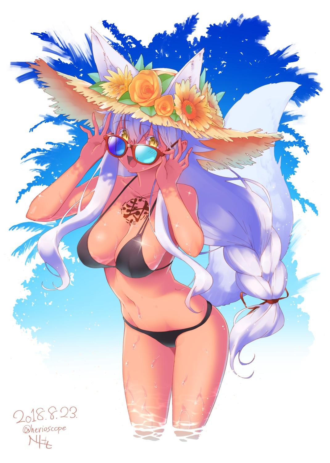 animal_ears bikini herio kitsune megane swimsuits tail tattoo wet