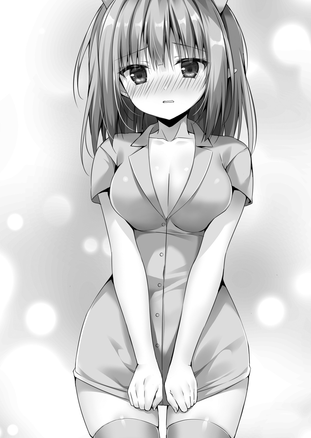 cleavage elf elisa_griffith hyouken_no_majutsushi_ga_sekai_wo_suberu korie_riko monochrome no_bra nurse open_shirt pointy_ears thighhighs