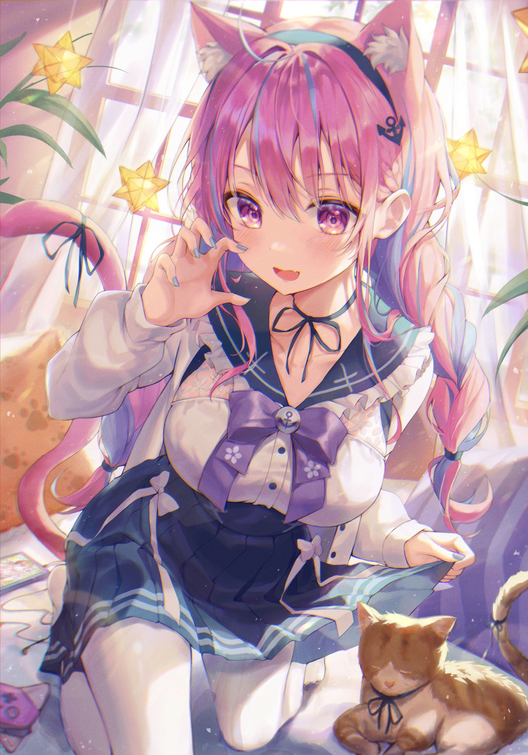 aibek animal_ears hololive minato_aqua neko nekomimi pantyhose seifuku skirt_lift tail