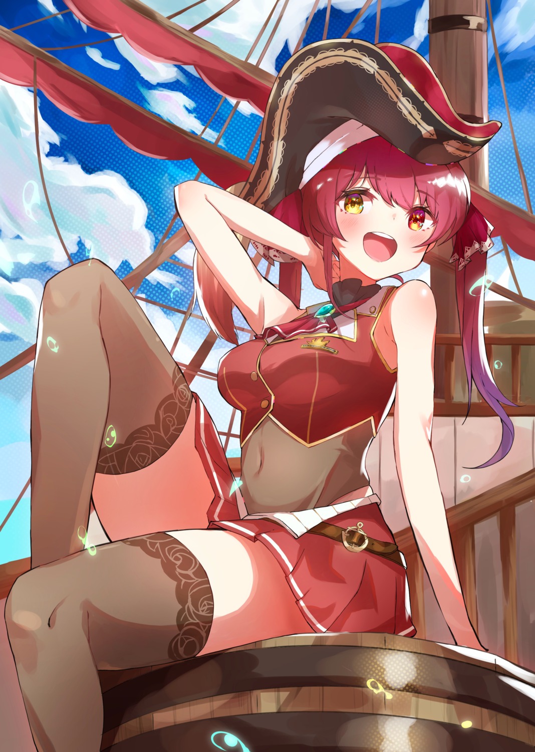 furuki_ayaginutaira heterochromia hololive houshou_marine pirate see_through skirt_lift thighhighs