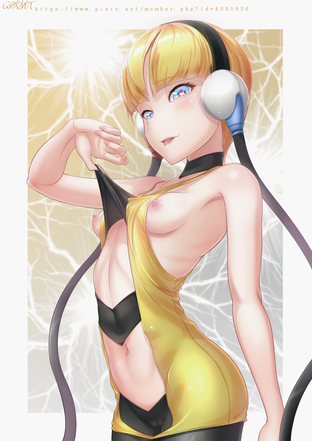 breasts cameltoe g@rnet headphones kamitsure_(pokemon) nipples no_bra pantyhose pokemon pokemon_bw