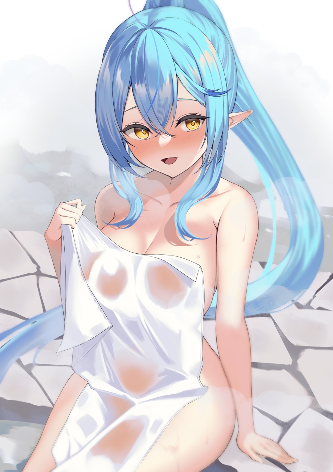 elf hololive naked onsen pointy_ears see_through sen_(central_9029) towel wet yukihana_lamy