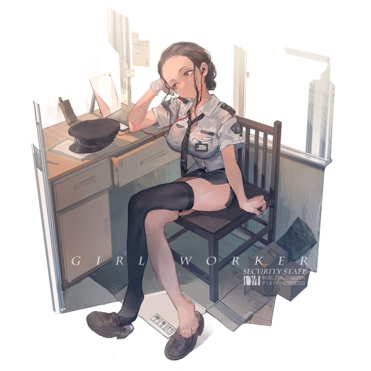 dm_(dai_miao) garter headphones police_uniform skirt_lift thighhighs