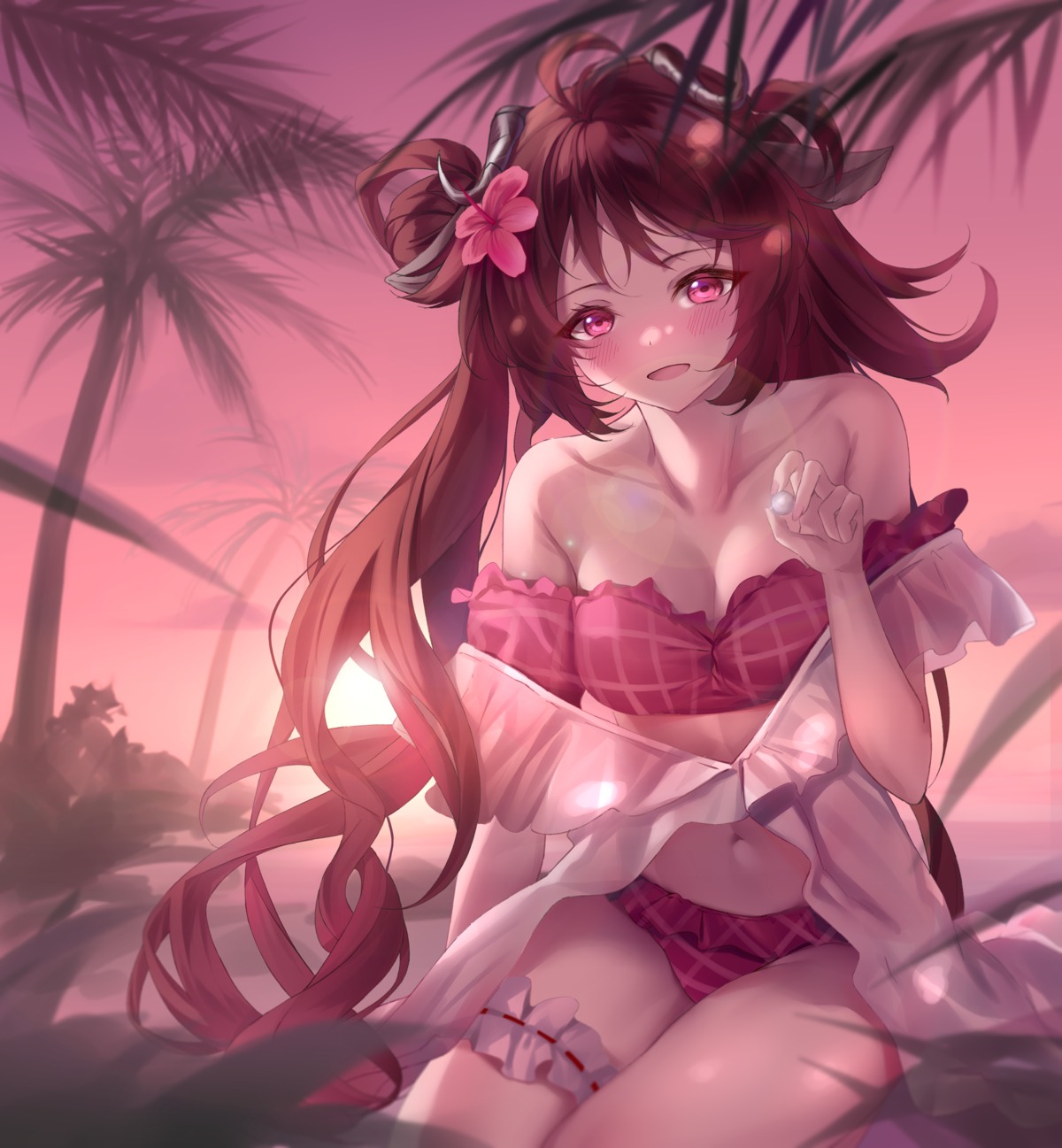 animal_ears arknights bikini eyjafjalla_(arknights) garter horns open_shirt shokuyou_koori swimsuits