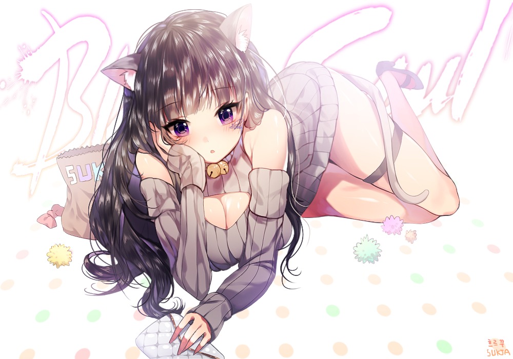 animal_ears cleavage heels nekomimi sukja sweater tail