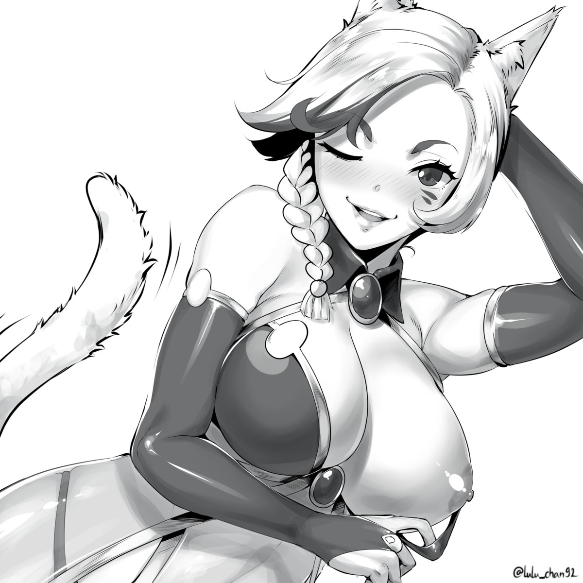 animal_ears bikini_armor breasts lulu-chan92 monochrome nipples undressing