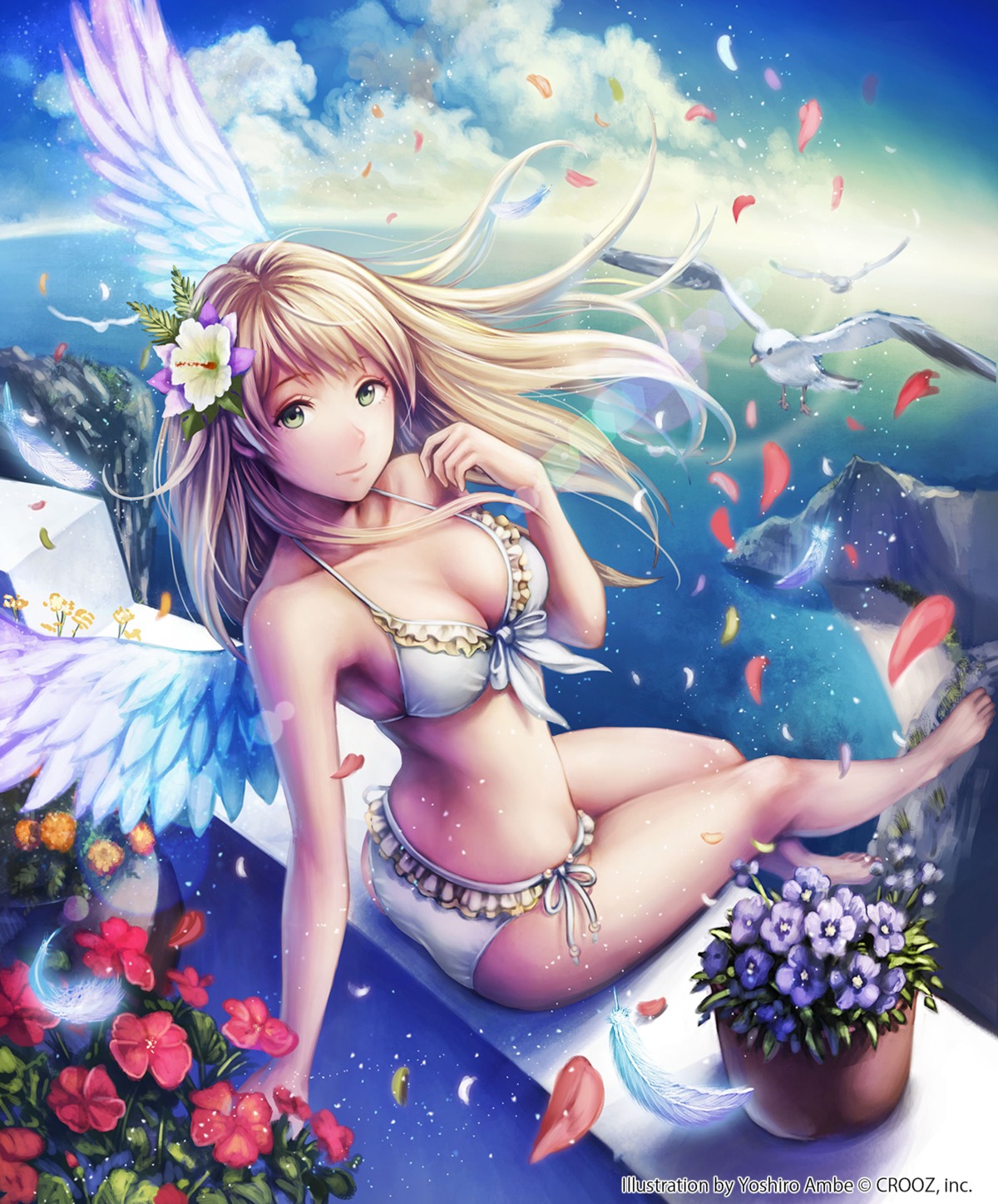 anbe_yoshirou bikini cleavage deity_wars swimsuits wings