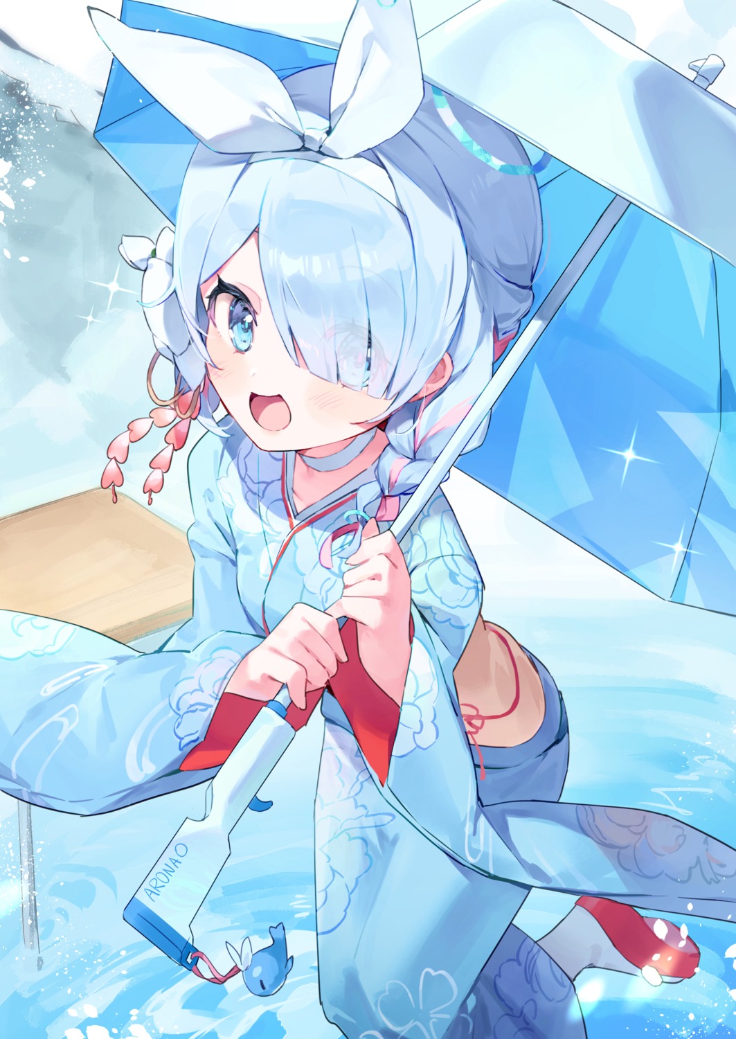 arona_(blue_archive) blue_archive gun halo kimono meunhongcha umbrella