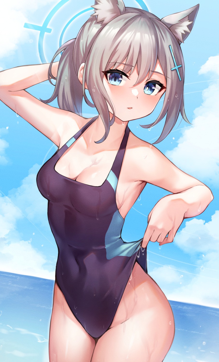 animal_ears blue_archive halo nekomimi pizza_(artist) sunaookami_shiroko swimsuits wet