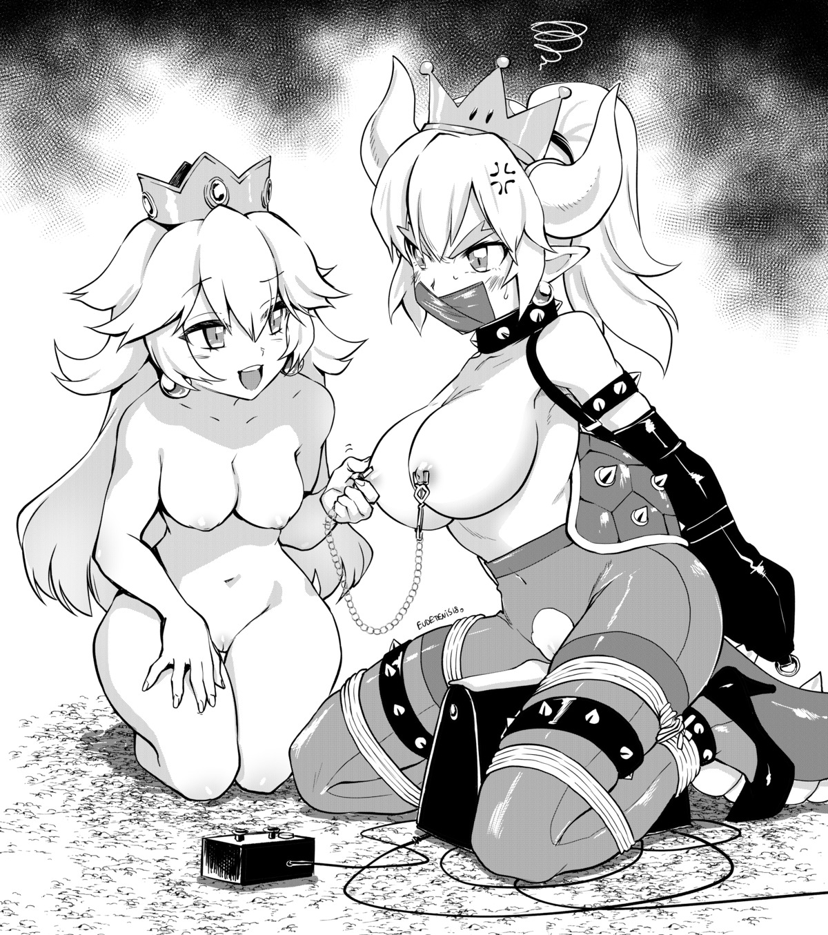 bondage bowsette eudetenis heels horns monochrome naked new_super_mario_bros._u_deluxe nipples nopan pantyhose pointy_ears princess_peach_toadstool pussy tail topless uncensored