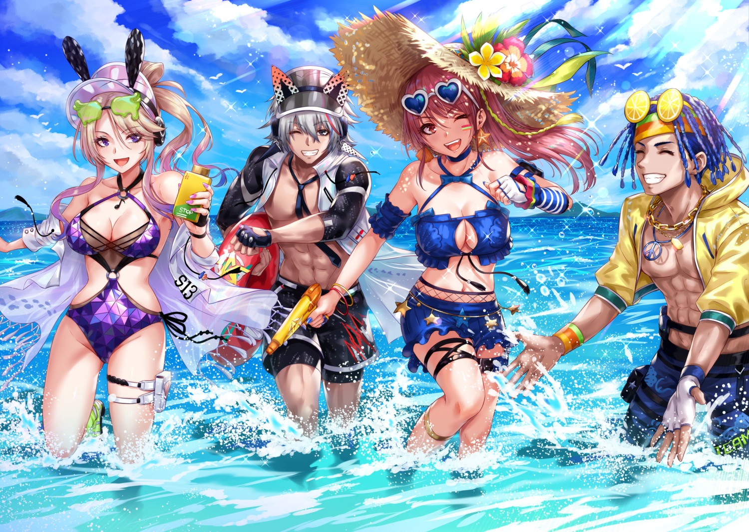 animal_ears bikini bunny_ears cleavage garter gun headphones knives_out megane sakiyamama swimsuits wet