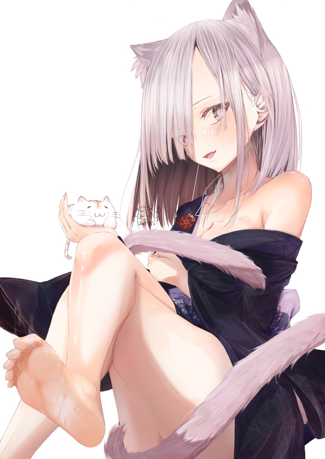 animal_ears feet kimono kisaragi_yaya nekomimi no_bra open_shirt tail