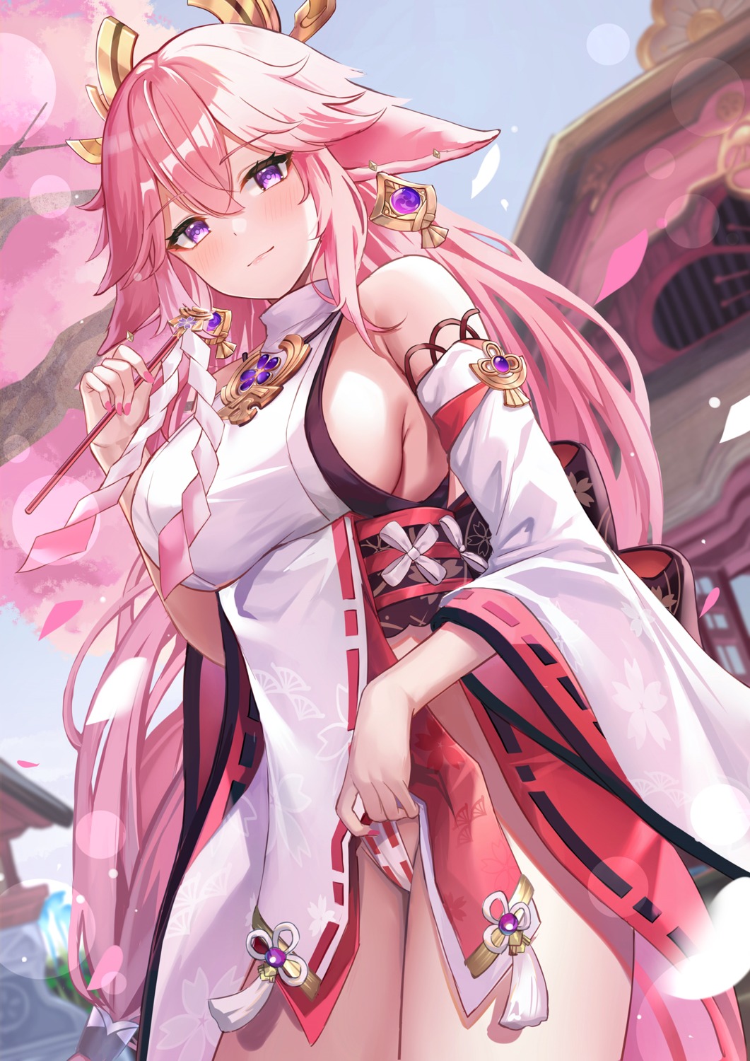 animal_ears cameltoe eric_(tianqijiang) genshin_impact japanese_clothes kitsune maebari no_bra nopan yae_miko