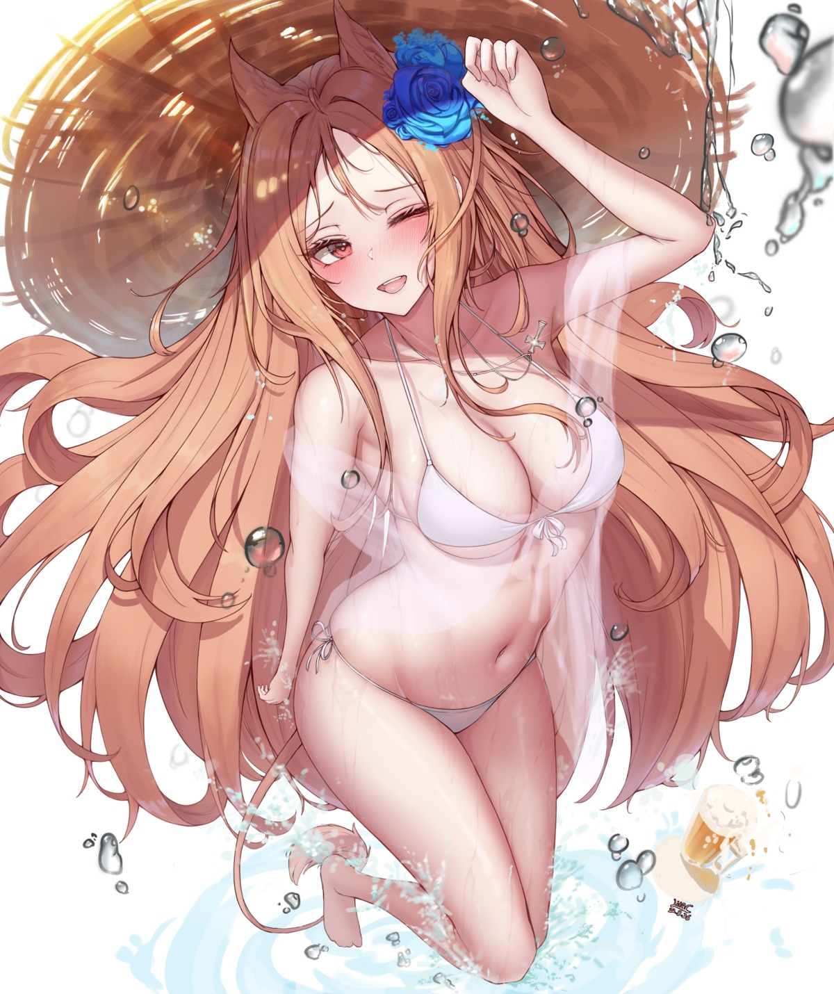 animal_ears archetto_(arknights) arknights bikini lilac_(k32420276) open_shirt see_through swimsuits tail wet