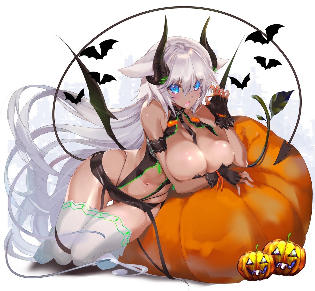 animal_ears bikini_armor breast_hold halloween horns kumatora_tatsumi tail thighhighs wings