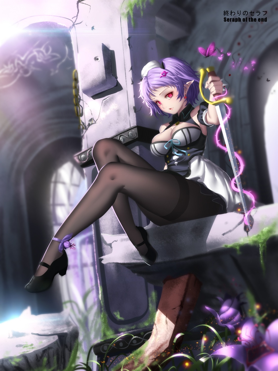 chess_belle cleavage dress heels hk_(hk) horns owari_no_seraph pantyhose pointy_ears sword