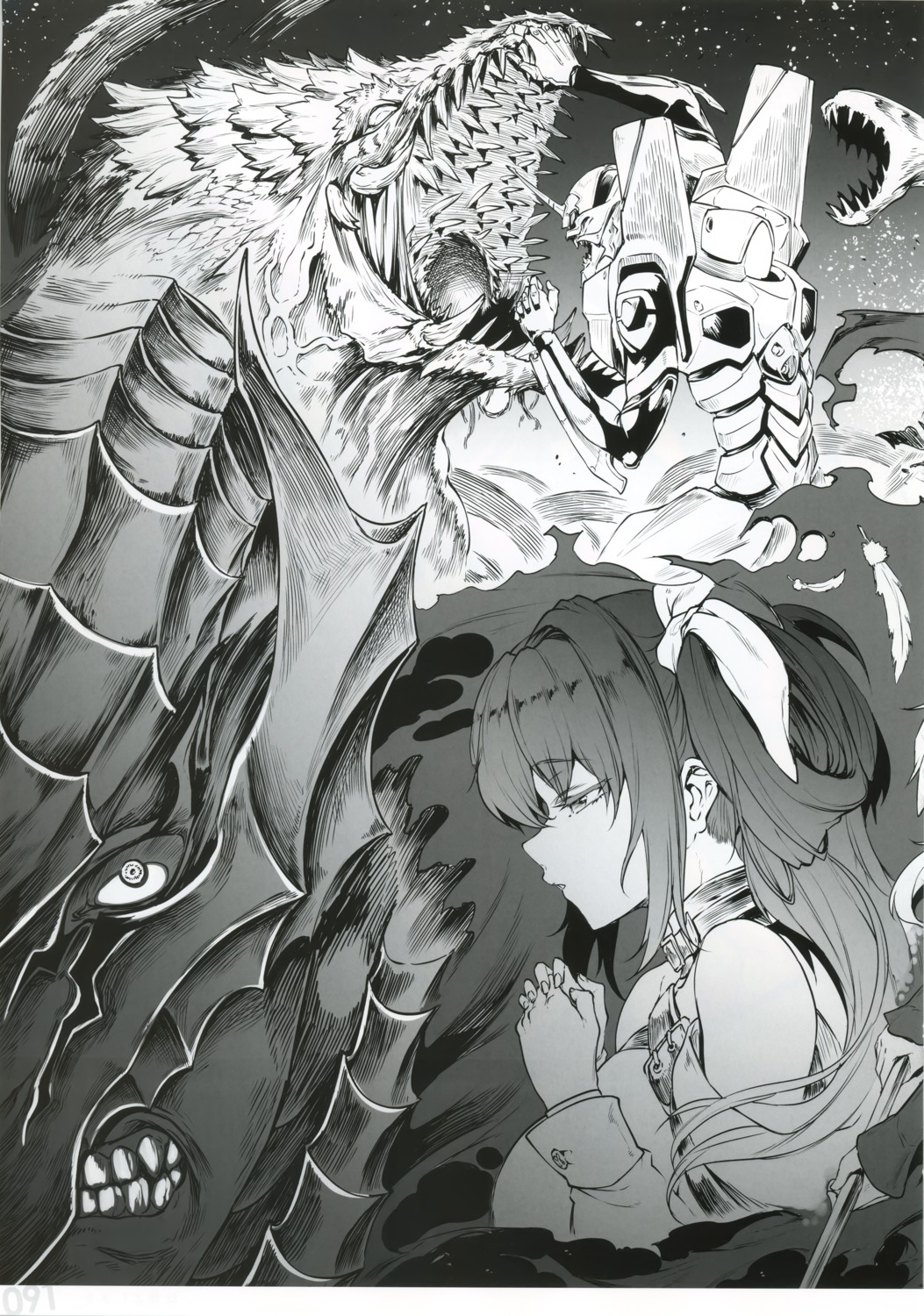 crossover dizzy erect_sawaru eva_01 guilty_gear mecha monochrome neon_genesis_evangelion