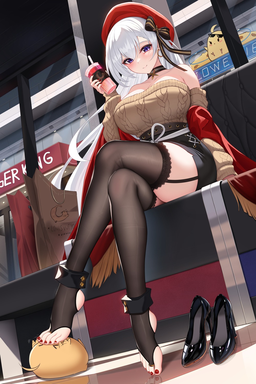 azur_lane belfast_(azur_lane) damao_yu heels manjuu_(azur_lane) no_bra stockings sweater thighhighs