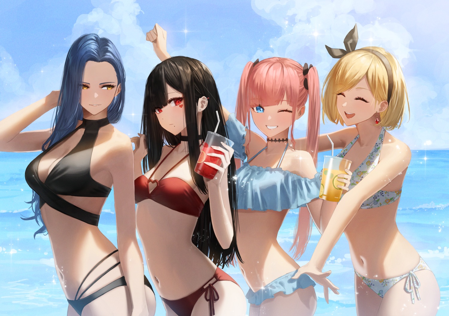 bikini cleavage enokawa_kokoro hara_kenshi kimishima_touka kunitomi_ryouka kuroba_mitsuha swimsuits tattoo